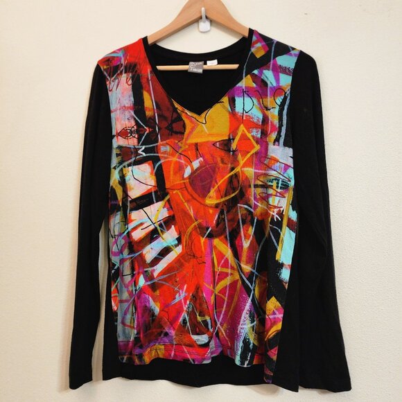 Simply Art by Dolcezza Top Multi Color Abstract Tunic Long Sleeve Women L Artsy - Picture 1 of 12